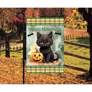 Black Cat Happy Halloween Garden Flag